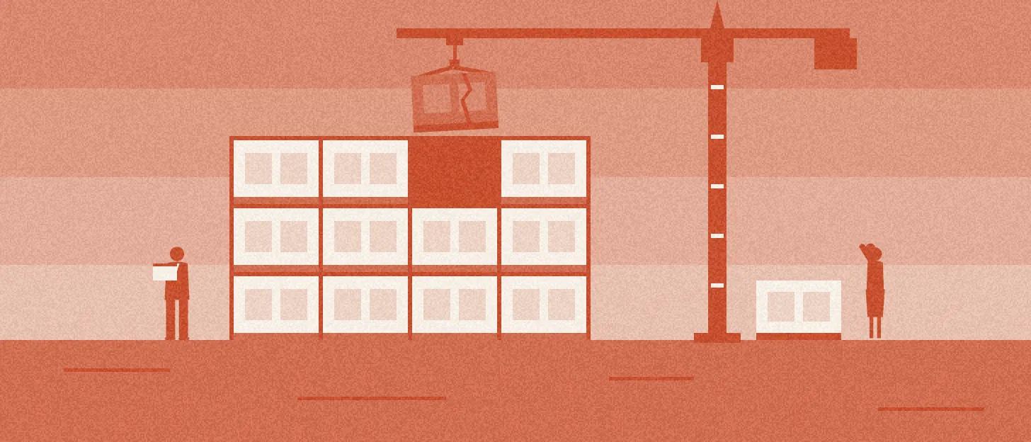 Illustration : une grue retire un module usé d'un immeuble de modules, un module neuf attend au sol