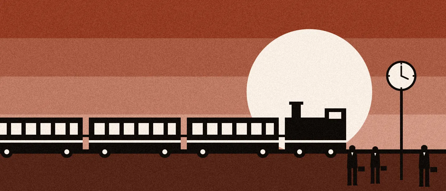 Illustration : un train de wagons identiques arrive à l'heure devant une horloge de quai, trois voyageurs l'attendent.