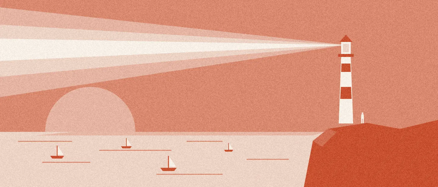 Un phare rayé sur une falaise balaie la mer de son faisceau ; une petite silhouette se tient à son pied, des voiliers passent devant un grand disque au ras de l'horizon