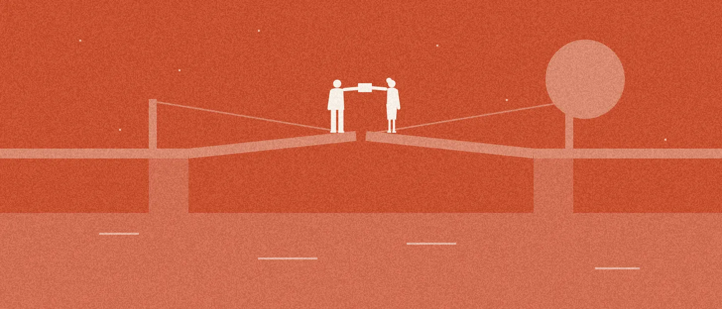 Illustration : les deux moitiés d'un pont levant se rejoignent ; une personne sur chaque moitié se passent une enveloppe