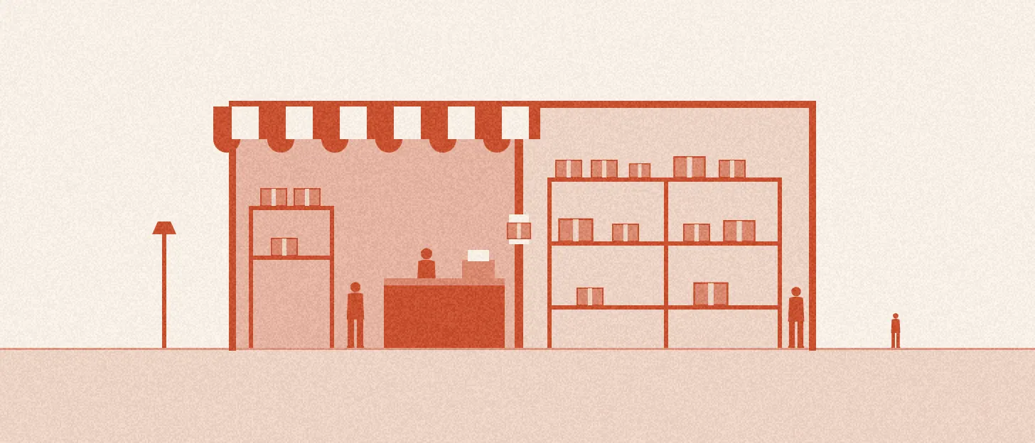Illustration : une boutique en coupe, salle de vente avec comptoir à gauche, réserve et étagères à droite