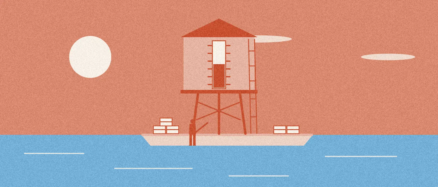 Illustration : un château d'eau gradué dont on lit le niveau, une personne note au pied, des cartons sur le quai