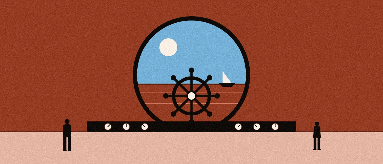 Illustration : un grand hublot sur l'horizon, une barre à roue et six voyants sur le pupitre, deux silhouettes de dos.