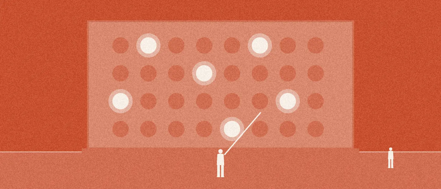 Illustration : un grand panneau de trente-deux voyants dont six seulement sont allumés, une silhouette de dos le désigne.