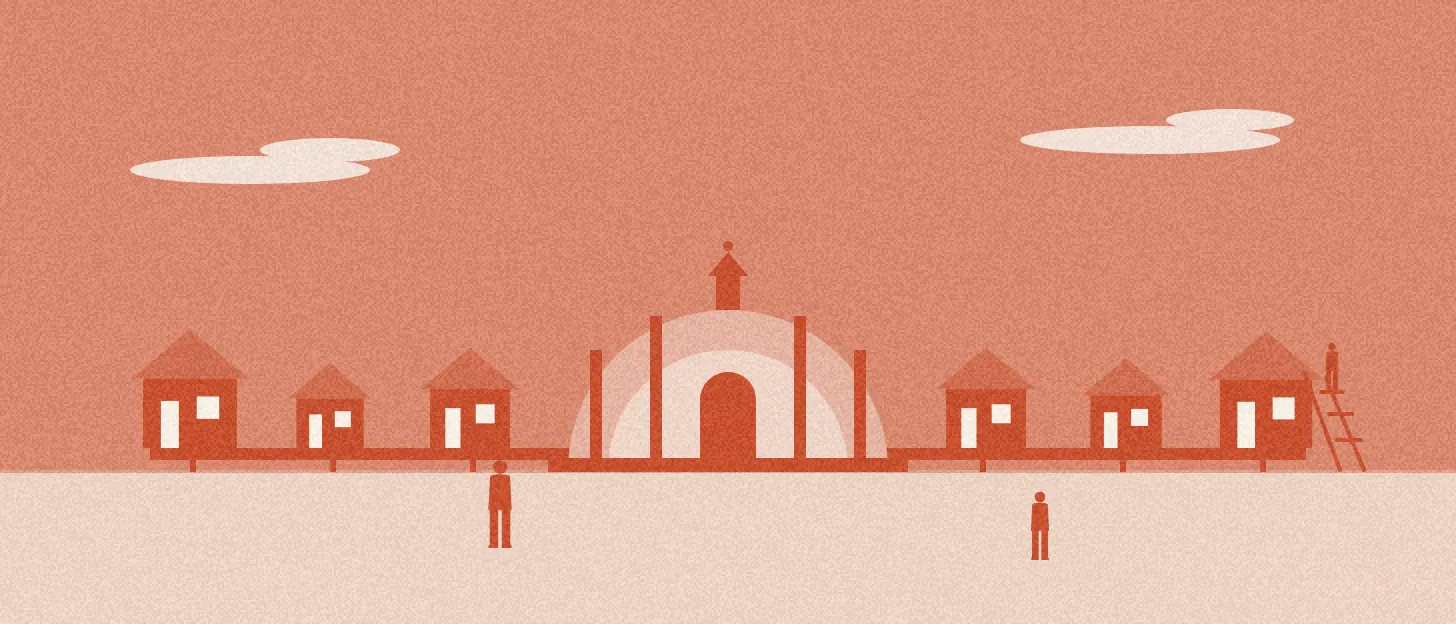 Illustration : une rotonde centrale reliée à ses annexes, comme un WordPress et ses extensions