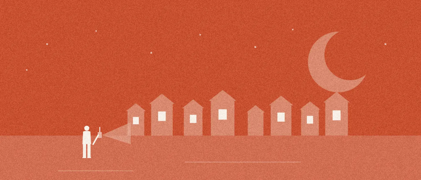 Illustration : un veilleur à la lanterne fait sa ronde devant une rangée de maisons éclairées, une fenêtre est éteinte